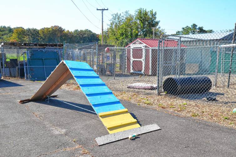 The outdoor play area at the Franklin County Sheriff’s Office Regional Dog Shelter in Turners Falls.