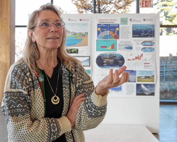 Julie Brigham-Grette a UMass professor in the Earth, Geographic and Climate Science department, talks about a poster she participated in making as part of The Future Lab Project. The poster looks at the science around the carbon cycle and projections for the future concerning global warming. “I choose to be optimistic because I think you have to look for solutions and what’s possible. If you live your life and see the glass as half full you can see solutions, you have to remain optimistic,” said Brigham-Grette about the climate and the future.