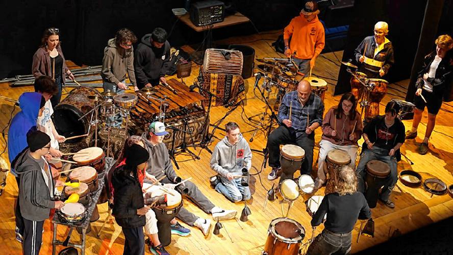 Percussionist Tony Vacca led students in a drumming performance during Frontier Regional School’s inaugural Cultural Kaleidoscope event on April 25.