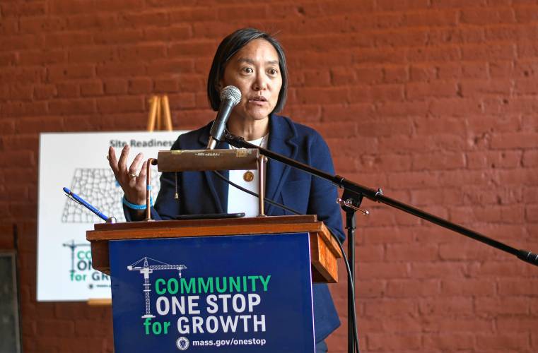 Massachusetts Economic Development Secretary Yvonne Hao speaks at the Community One Stop for Growth awards ceremony at the Shea Theater Arts Center in Turners Falls on Tuesday.