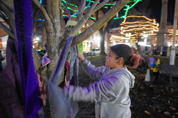 Sandra Beebe’s granddaughter, Deshiana Davis of Greenfield, helps her grandmother put hats, scarves, gloves, blankets, stuffed animals and other garments on the Greenfield Common for anyone in need to take.