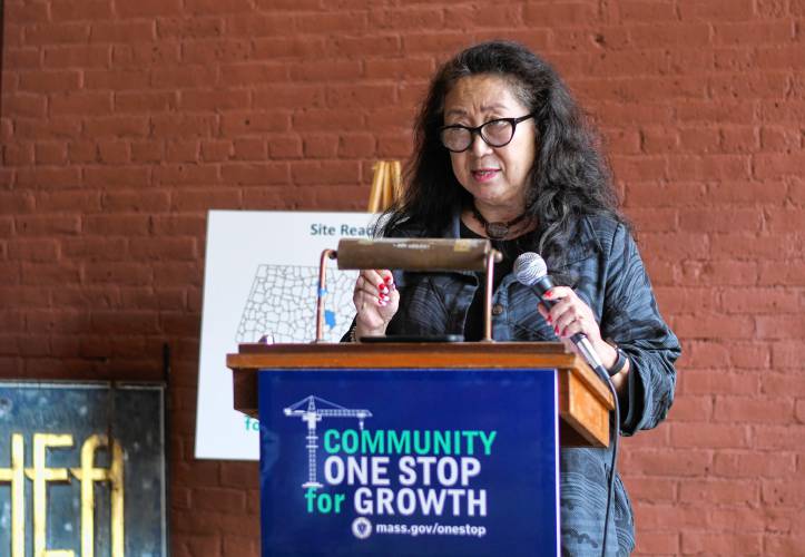 MassDevelopment Deputy Director and Senior Executive Vice President Theresa Park speaks at the Community One Stop for Growth awards ceremony at the Shea Theater Arts Center in Turners Falls on Tuesday. 