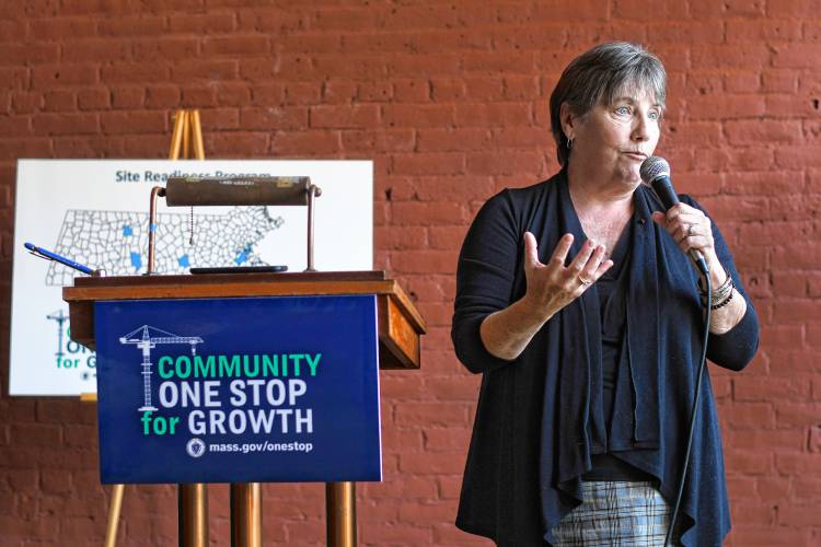 Massachusetts Director of Rural Affairs Anne Gobi speaks at the Community One Stop for Growth awards ceremony at the Shea Theater Arts Center in Turners Falls on Tuesday.