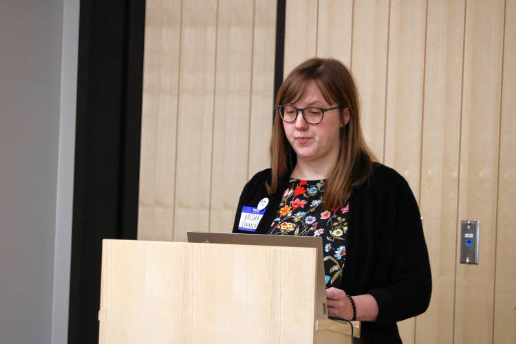 Dickinson Memorial Library Director Misha Storm shares with guests the importance of state aid in supporting local libraries.