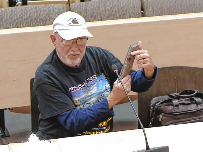 Geologist and GCC Professor Emeritus Richard Little speaks about Jurassic armored mud balls to the Legislature’s Joint Committee on State Administration and Regulatory Oversight during a hearing at the State House in Boston on Tuesday.