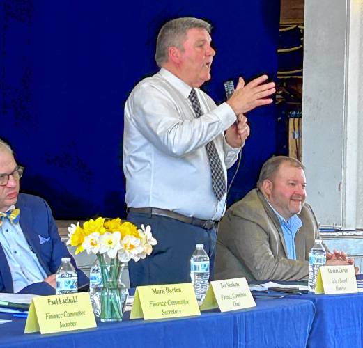 Ashfield Selectboard member Thomas Carter speaks to voters at Annual Town Meeting on Saturday at Town Hall.