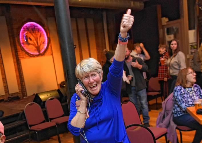 Virginia “Ginny” DeSorgher gets the call from the polls that she had the numbers to win the Greenfield mayoral race shortly after 8 p.m. at Hawks & Reed Performing Arts Center Tuesday evening.