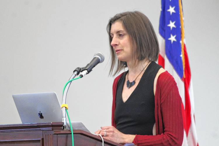 Rebecca Rideout, local video producer and owner of Told Video, talks at the Franklin County Chamber of Commerce breakfast at Greenfield Community College on Friday.