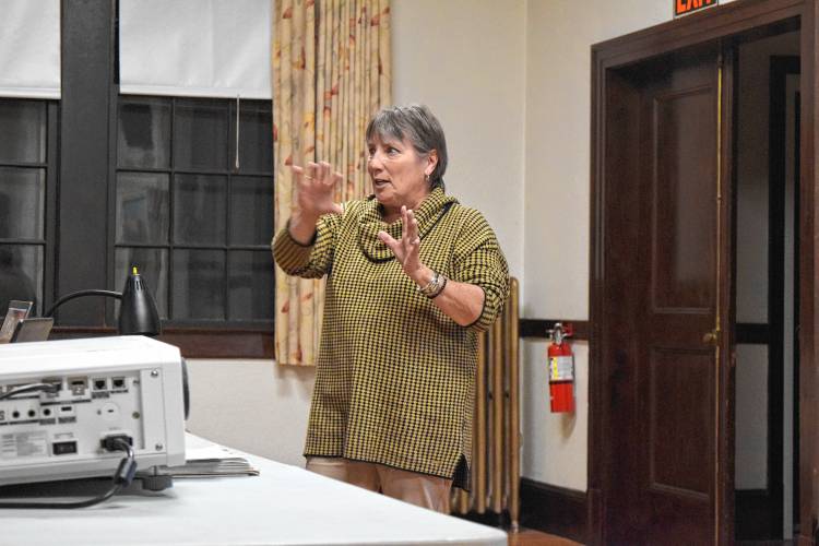 Director of Rural Affairs Anne Gobi speaks at the Woodlands Partnership of Northwest Massachusetts’ board meeting in the Shelburne-Buckland Community Center on Wednesday.