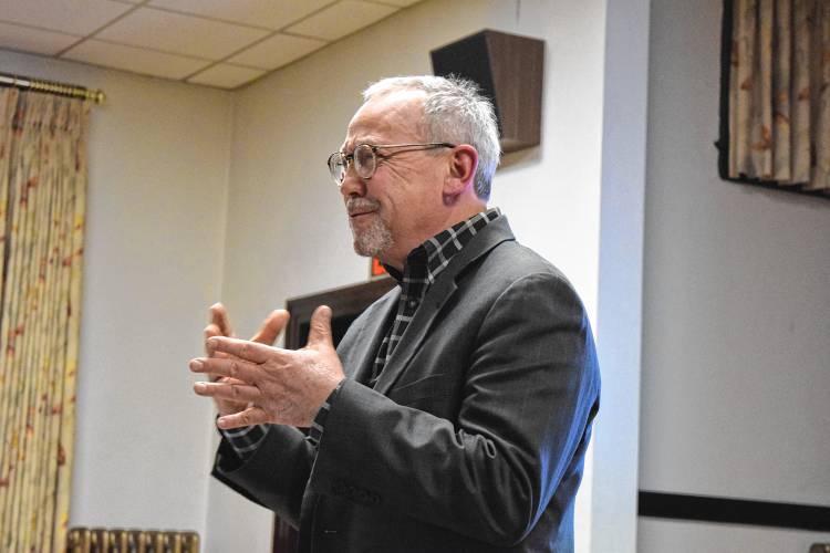 Lever Inc. Executive Director Jeffrey Thomas speaks at the Woodlands Partnership of Northwest Massachusetts’ board meeting in the Shelburne-Buckland Community Center on Wednesday.
