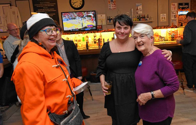 Greenfield Mayor Roxann Wedegartner, right, with Administrative Assistant Caitlin von Schmidt and former chief of staff Dani Letourneau at Smitty’s Pub in Greenfield shortly after receiving election results.