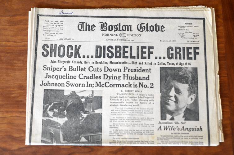 This Nov. 23, 1963, edition of The Boston Globe sports a banner headline “SHOCK … DISBELIEF … GRIEF” the day after President John F. Kennedy was assassinated.