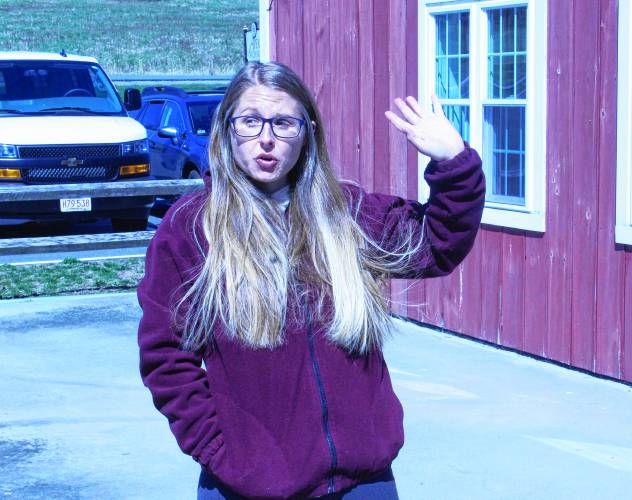 Courtney Basil, who co-owns Apex Orchards in Shelburne with Tim Smith, speaks about agritourism during a visit by Kate Fox, executive director at the Massachusetts Office of Travel and Tourism.